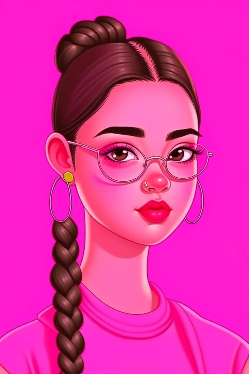 Very pretty girl animation behind a plain pink background with braided hair wearing glasses and earring