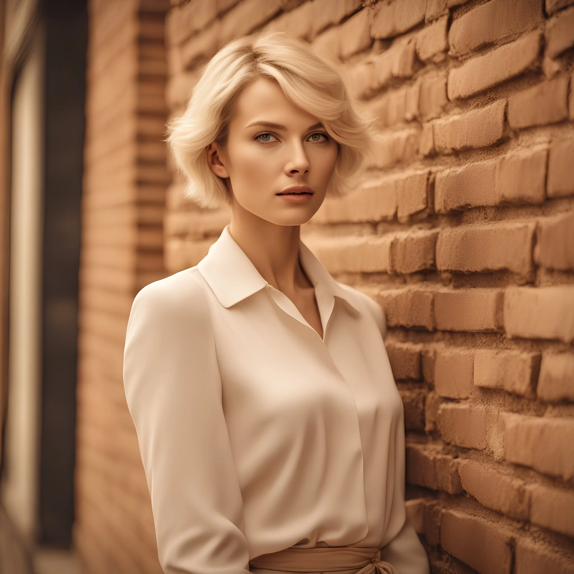 elegant fashionable woman with short blond hair, wrinkles and pores are clearly visible on her face, waist-length portrait, against the background of an old brick wall, during the day, fashion photography, HDR, high detail, hyperrealism, atmospheric, 4k, Polaroid film