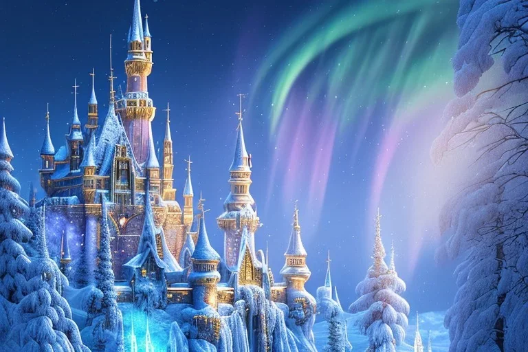 a magic fairy tale style, white and gold castle，waterfall, winter snow flakessnow, northern Lights, full of details, smooth, bright sunshine，soft light atmosphere, light effect，vaporwave colorful, concept art, smooth, extremely sharp detail, finely tuned detail, ultra high definition, 8 k, unreal engine 5, ultra sharp focus