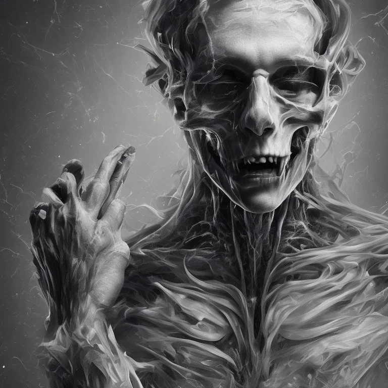 portrait of a man with a integrating face showing his skull while hands claw at his body, black and white, digital painting.