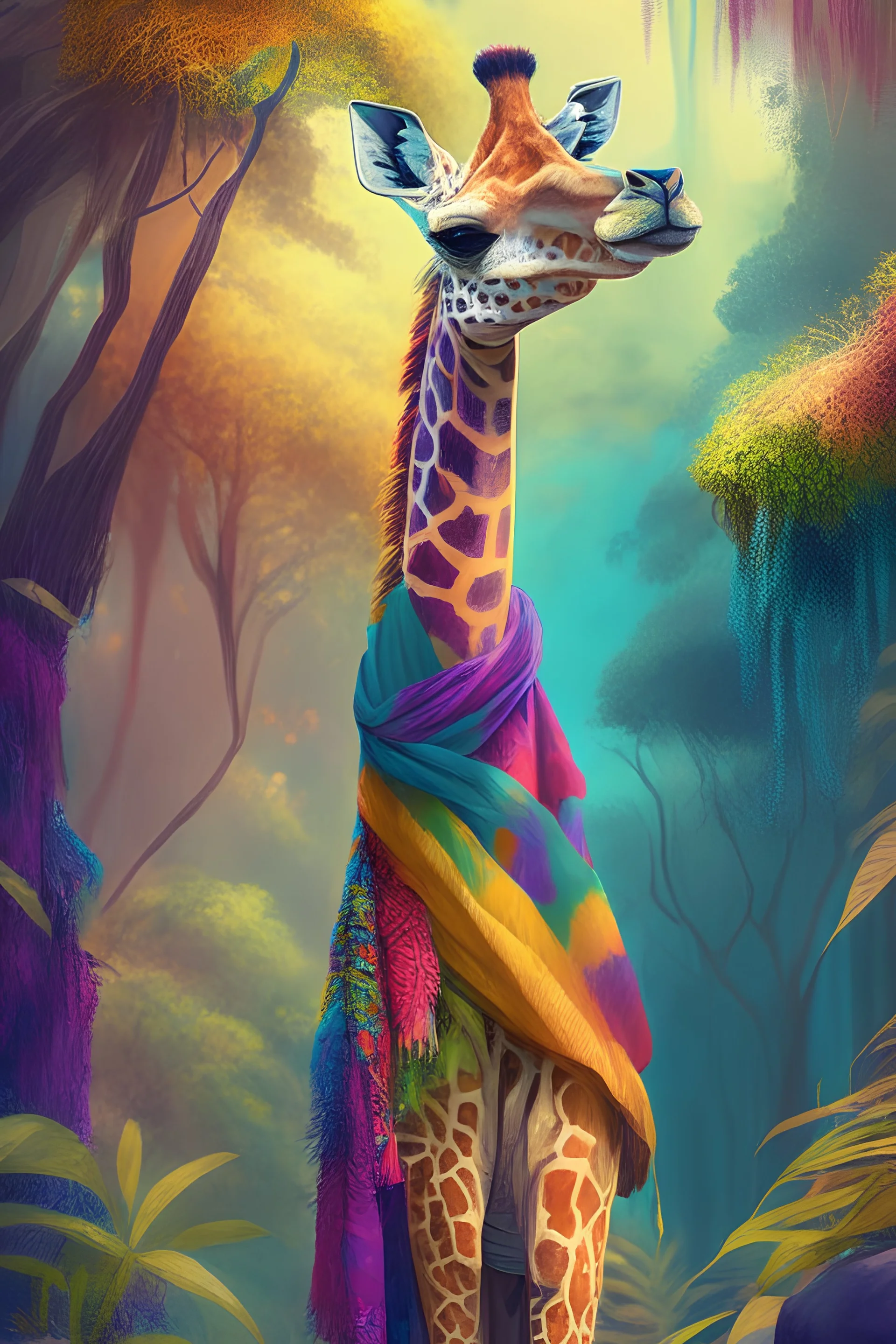 A giraffe with a long colorful scarf in a magical jungle on the edge of a Cleef