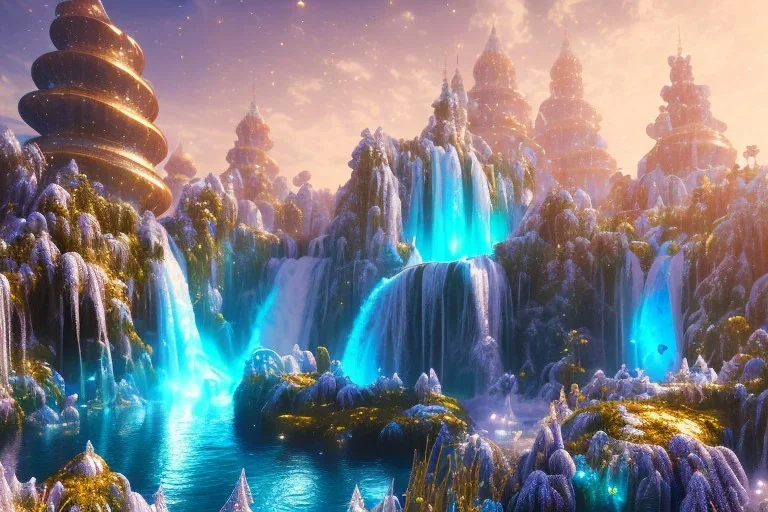  white and gold crystal cosmic ambiance，waterfall, full of details, smooth, bright sunshine，soft light atmosphere, light effect，vaporwave colorful, concept art, smooth, extremely sharp detail, finely tuned detail, ultra high definition, 8 k, unreal engine 5, ultra sharp focus