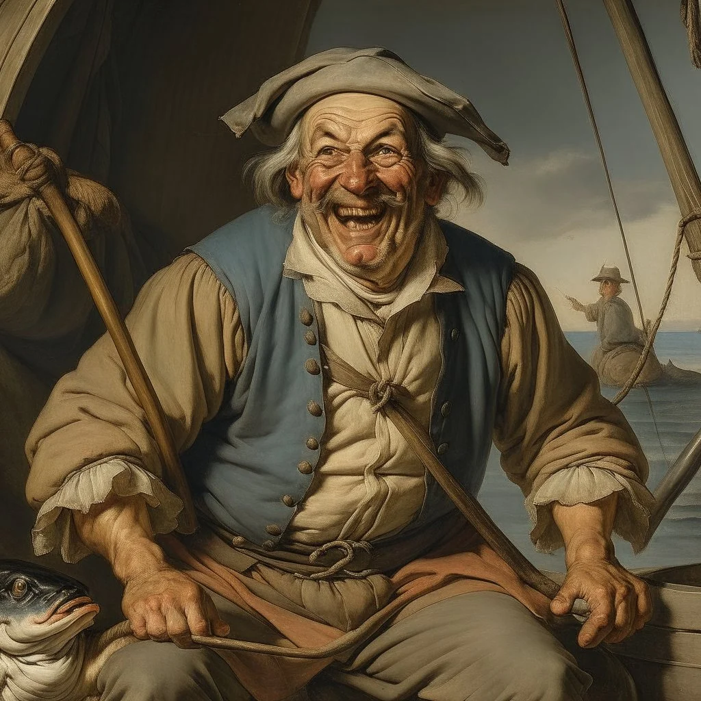 menacing 18th century fisherman, pale, large and muscular with sharp teeth smiling