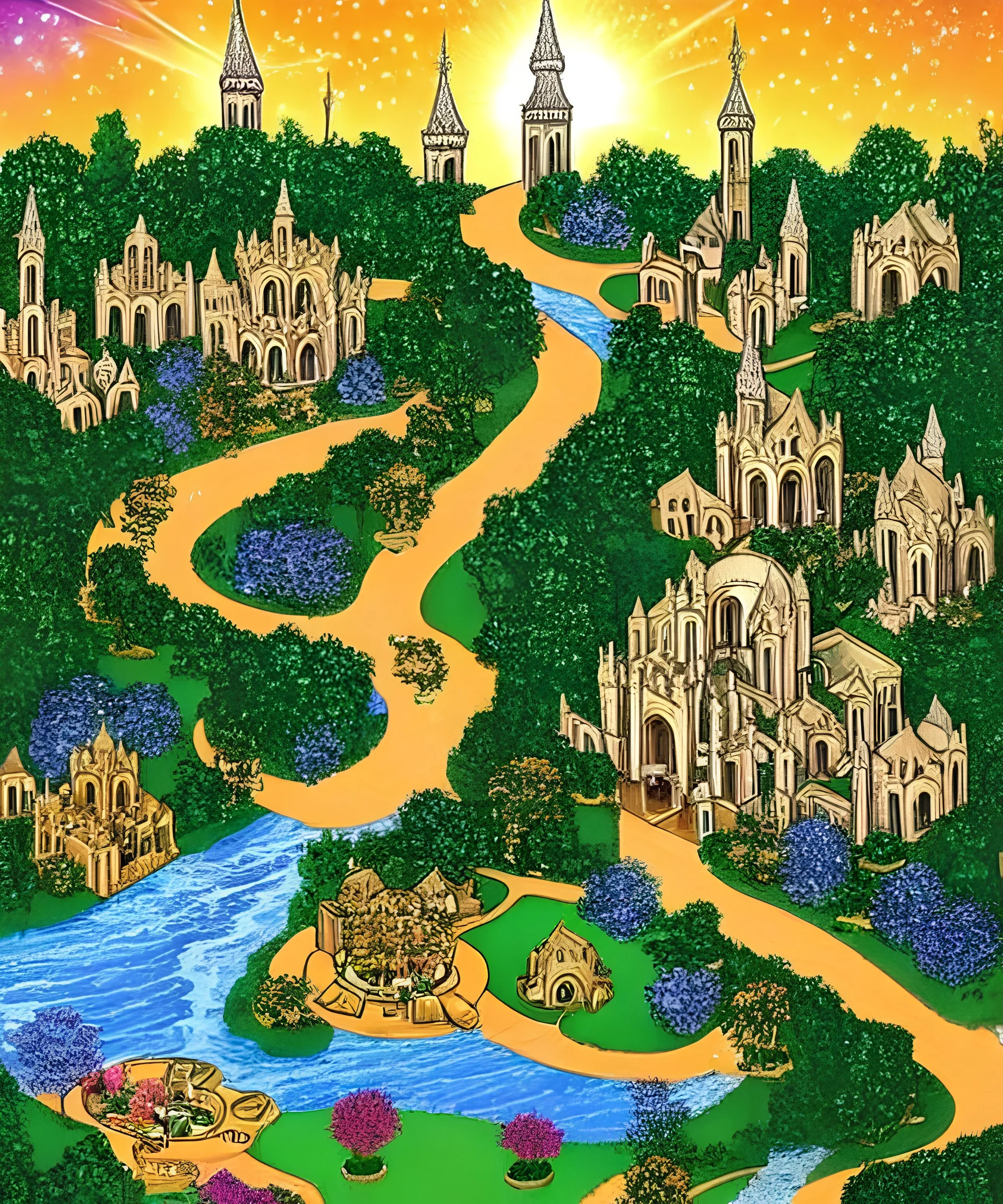 Cidade Nova Jerusalém com uma rua com pedras de diamantes, um brilho no céu um jardim com uma árvore no meio com um rio passando