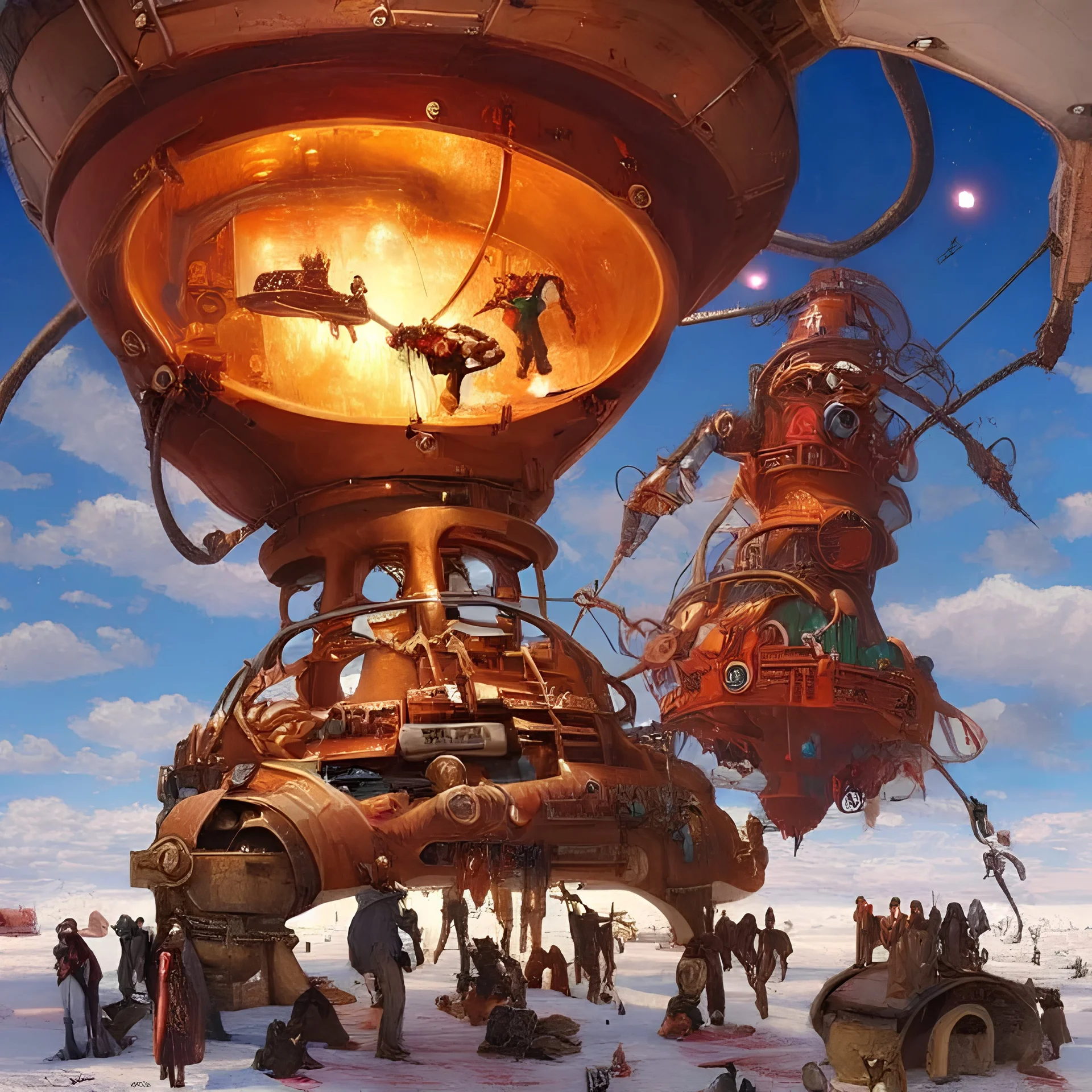 Steampunk UFO machine pull crowded people from surface of a frozen red lake, massive scale, Brent Heighton, Peter Mohrbacher, atmospheric perspective, unique composition, post-impressionism, highly detailed, high quality