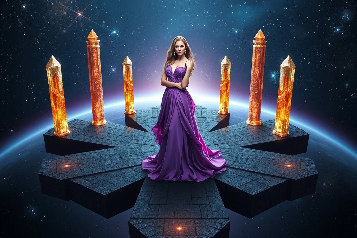A breathtaking cosmic fantasy scene featuring a stunningly realistic beautiful woman with a perfect face and sculpted figure standing gracefully at the center of a floating geometric platform in deep space. She wears an elegant flowing gown in vibrant purple and pink hues that billow around her perfect form. The platform is constructed from dark cobblestone-like blocks arranged in a cross or star shape. Surrounding her are magnificent crystalline towers and pillars in gold, amber, and electric b