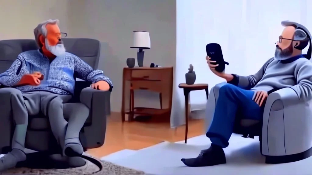 man sitting ALONE in his lazy boy chair at home argues with his AI clone on the phone