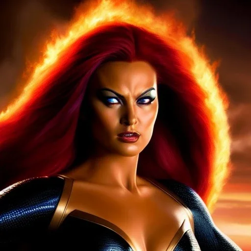 Ultra detailed fullbody Portrait in oil on canvas of X-men -beautiful dark phoenix on fire,extremely detailed digital painting,ultrarealistic skin,intense stare, extremely detailed face, crystal clear eyes, mystical colors ,perfectly centered image, perfect composition, rim light, beautiful lighting,masterpiece ,8k, stunning scene, raytracing, anatomically correct, in the style of uncannyknack and Ohrai Noriyoshi and robert e howard and Steve Jung and Wizyakuza and Simon Bisley.