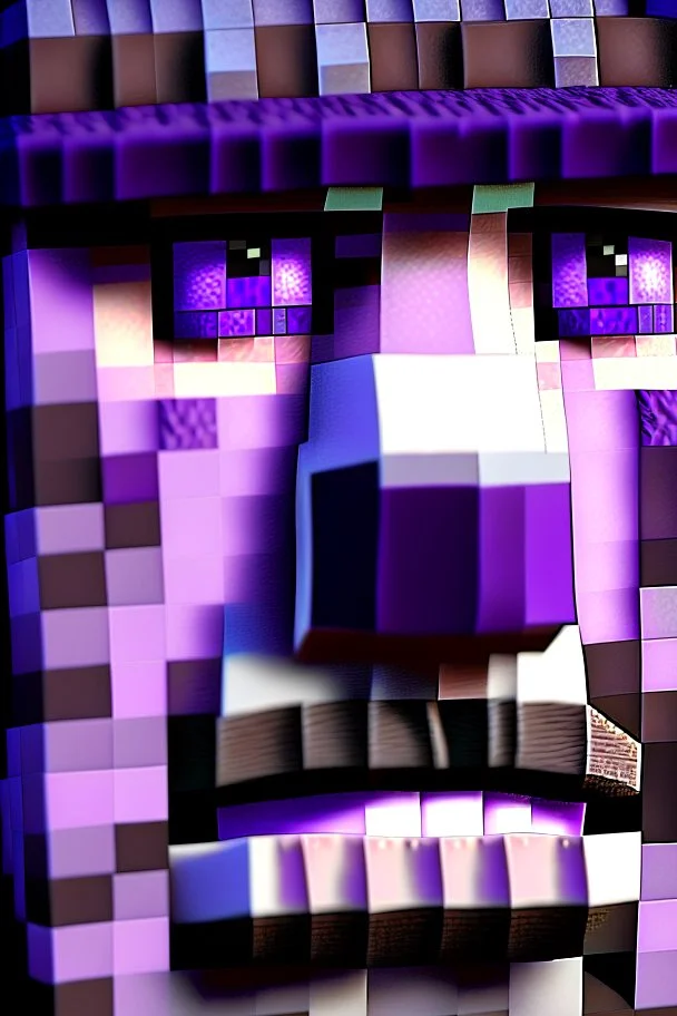 a close-up portrait of a purple Minecraft face, farmer, 3d, large pixel style