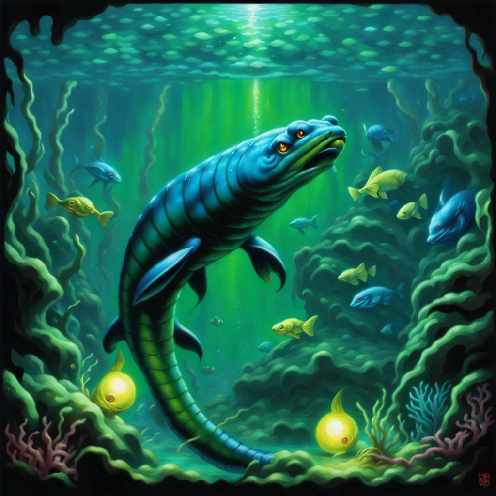 90's tcg fantasy art electric eel glowing eyes and underwater