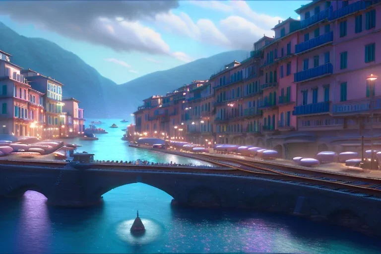 HanoiTrain+Close up Train head+ corner metro station+Elevated Train pass+trains+corner building on sea+riomaggiore+corniglia+genoa street+Italian medieval town+sea+alphonse mucha, greg rutkowski,matte painting, cryengine, hyper detailed, felix kelly, fantasy art, seb mckinnon