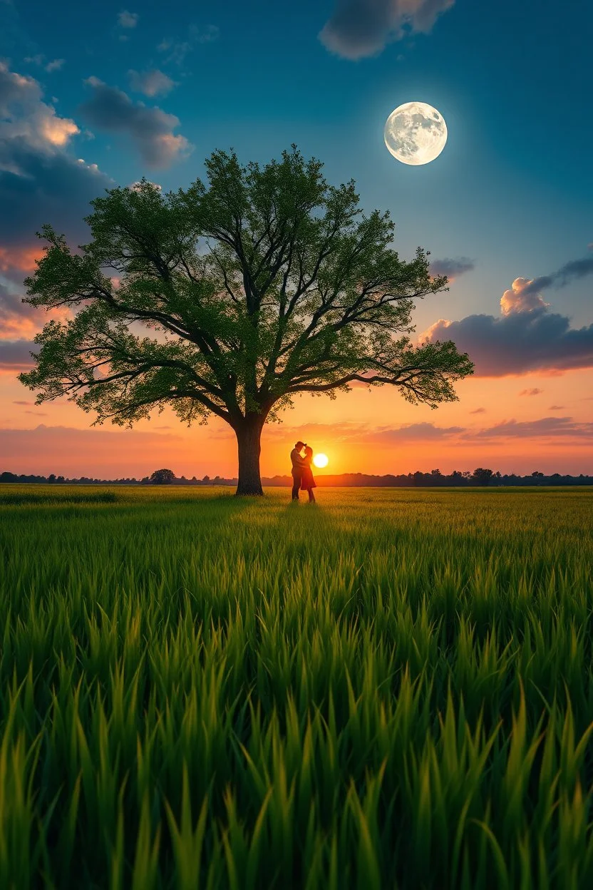 The Green Grass field of gold sting song under a beautiful moon and cloudy sky in the beautiful sunset .A big Tree with green leaves standing in the middle , a couple hugging each other in romantic theme under the tree