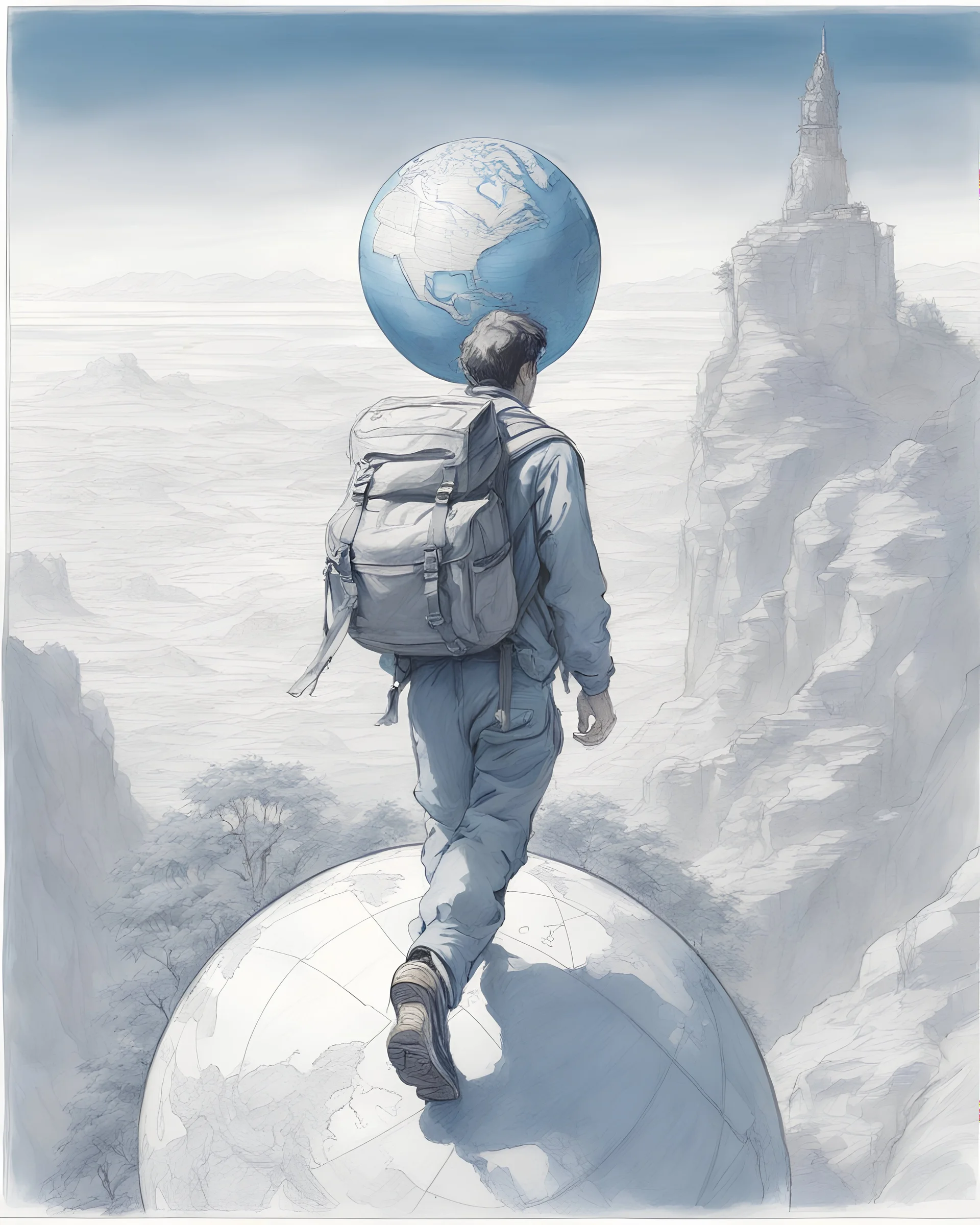 Drawing of a traveler man with backpack , walking on top of a big globe, drawing with a blue ink pen Inspired by the works of Daniel F. Gerhartz, with a fine art aesthetic and a highly detailed, realistic style