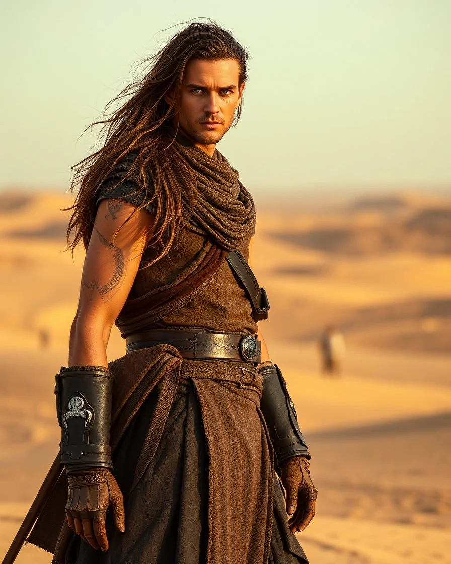 Dune Movie Character fullbody stand on the desert Young Man long hair Warrior futuristic clothing deep blue eyes in Dune Movie Character