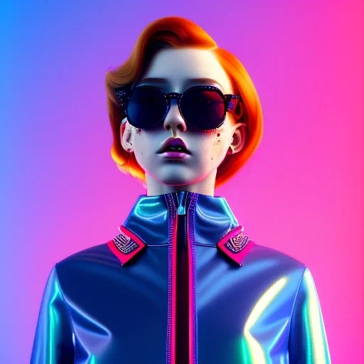 redhead woman teenager, freckles, big rayban sunglasses, padded coat, retro futuristic, latex dress, gradient color, BLUE, PINK, CYAN, neon, insanely detailed, 16k resolution, perfect eyes, cinematic smooth, intricate detail