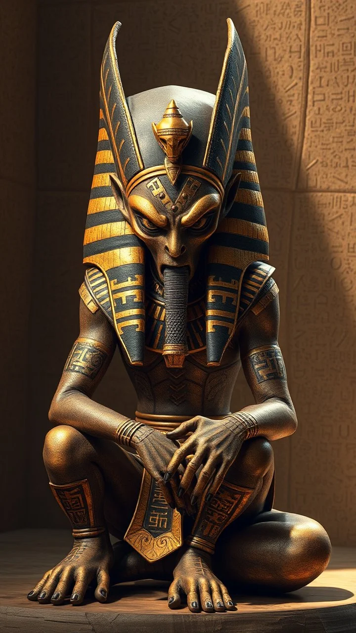 , golden ,Anubis, Egyptian god, angry, multiple textures, detailed clothing, hieroglyphs, contrasting light, sitting by an alien with the same custom