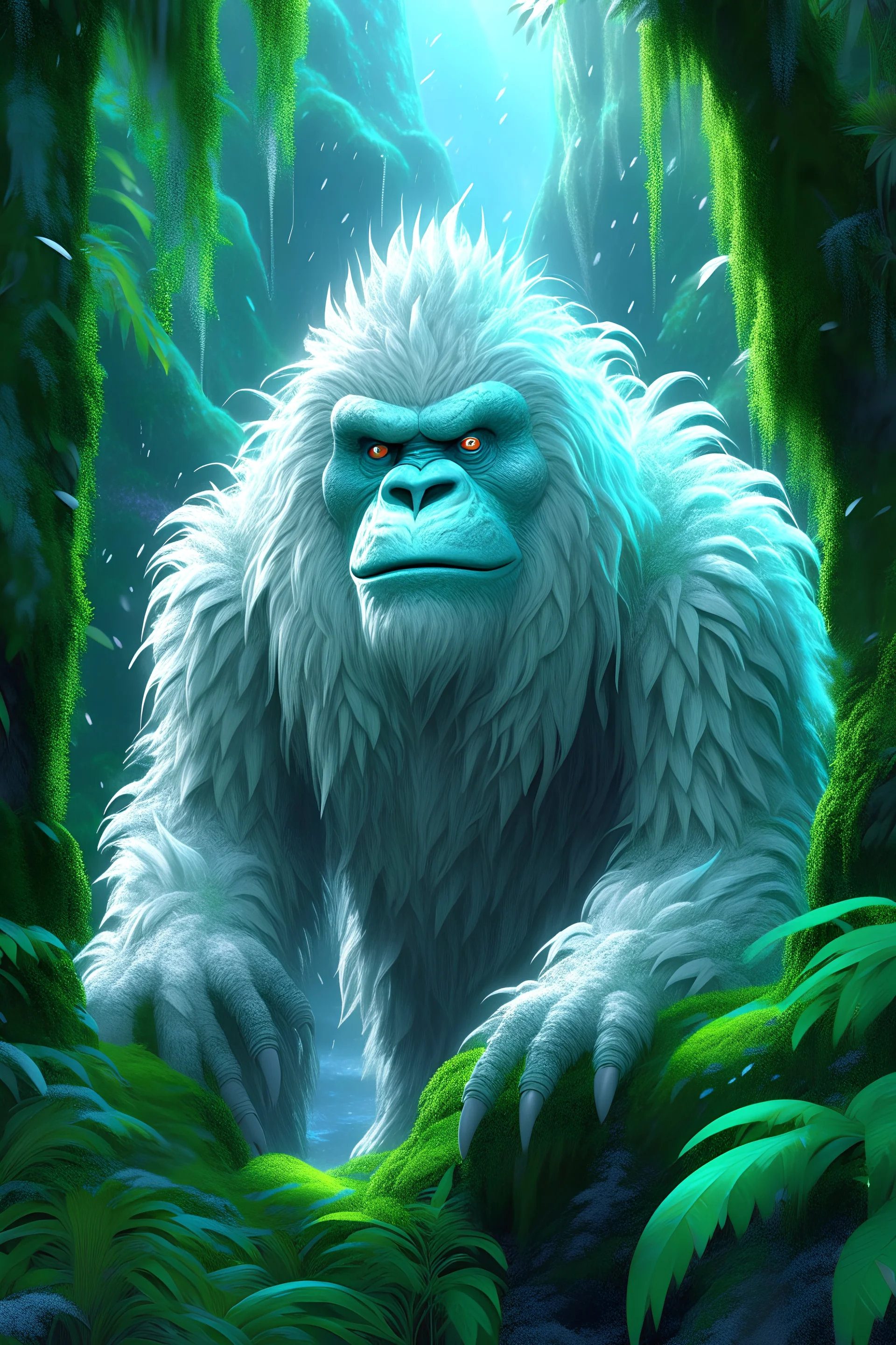 Craft a breathtaking 4K image of the legendary Yeti in the rainforest, showcasing hyper-realistic details. Capture the elusive creature amidst lush greenery, with every raindrop and strand of its shaggy fur meticulously depicted. Create a sense of awe and mystery as the Yeti's piercing gaze meets the viewer, immersed in the vibrant ecosystem of the rainforest. Let your art transport viewers into a world where myth and reality blend, leaving them captivated by the beauty and enigma of this mythic