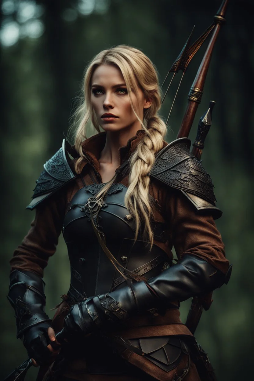 blonde female hunter with a bow wearing leather half armour dark fantasy Realistic 4k