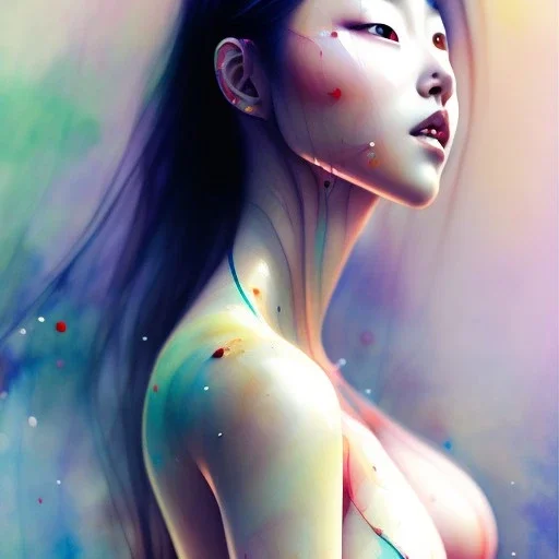  Asian woman, leaning pose, realistic body, latex suit, watercolor illustration by <agnes cecile>