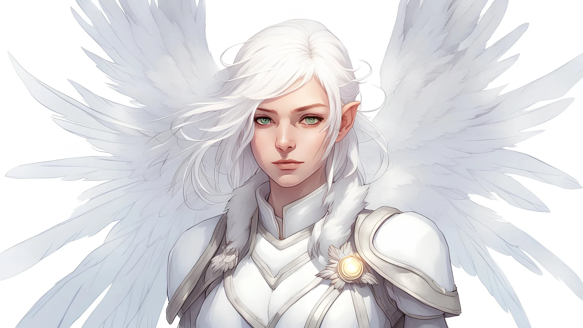Generate a dungeons and dragons character portrait of the face of a female cleric of peace aasimar that looks like an angel with snowcolored hair. She has glowing eyes and is surrounded by holy light and has Angel wings. She is an halfling and looks young and beautiful. She seems Kind but there is an dark urge inside of her. She is depressed and is a bit crazy