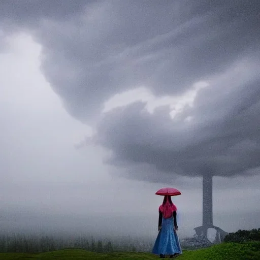 A princess standing. Epic scale. Heavy cold rain. Epic Thunderstorm. An engineer looking up. Futuristic scenary. Gray mist.