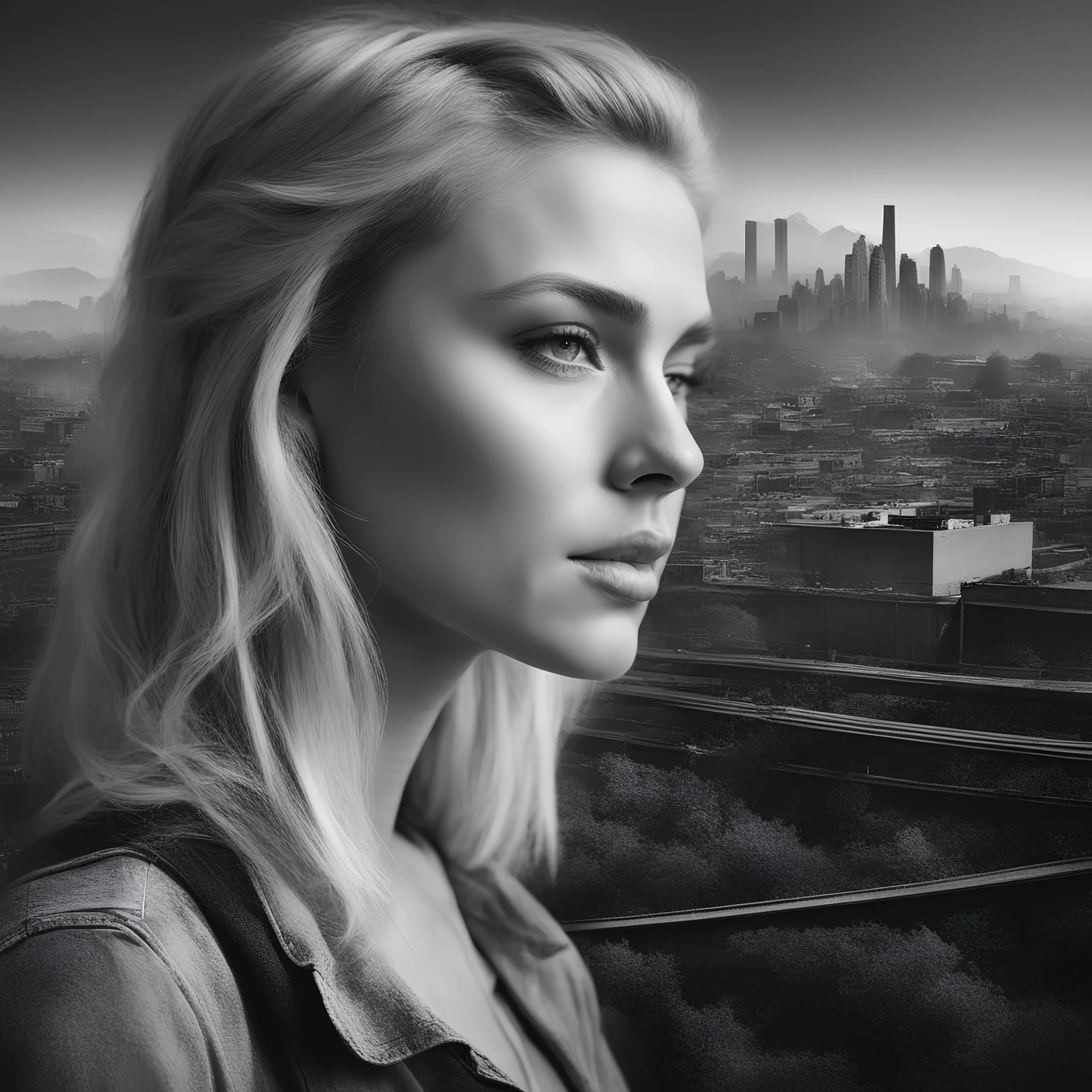 Masterpiece double exposure portrait of a woman with blonde hair below the shoulders with an urban landscape after the apocalypse in monochrome and a colorful natural landscape in the background, sharp contrast of both scenes, detailed clear lines, in focus, double exposure, from Skyrn99, high quality, high detail, high resolution front view