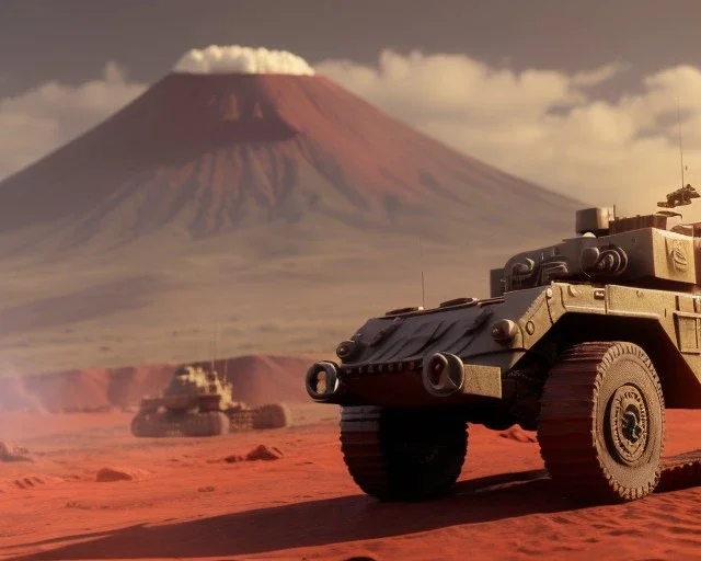 wide angle of Gi joe driving A lunar armored rover with tracks and claw and orange, troops, volcano in background