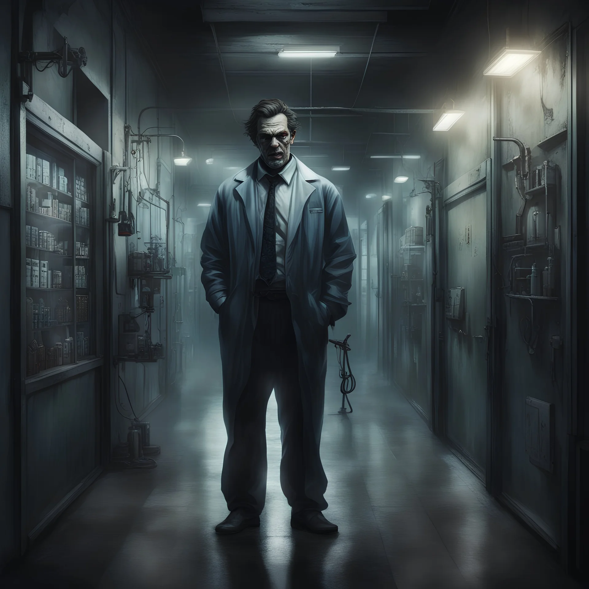 Hyper Realistic Dr Jaykill & Mr. Hyde in a hallway of a dark & huge chemical laboratory at night