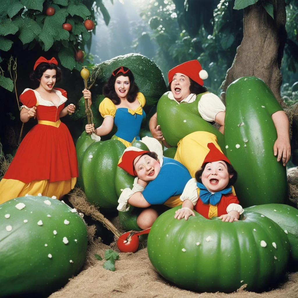 [high res photo by Russ Meyer] Snow White and the Seven Dwarves have unusual dreams with giant cucumbers (1978)