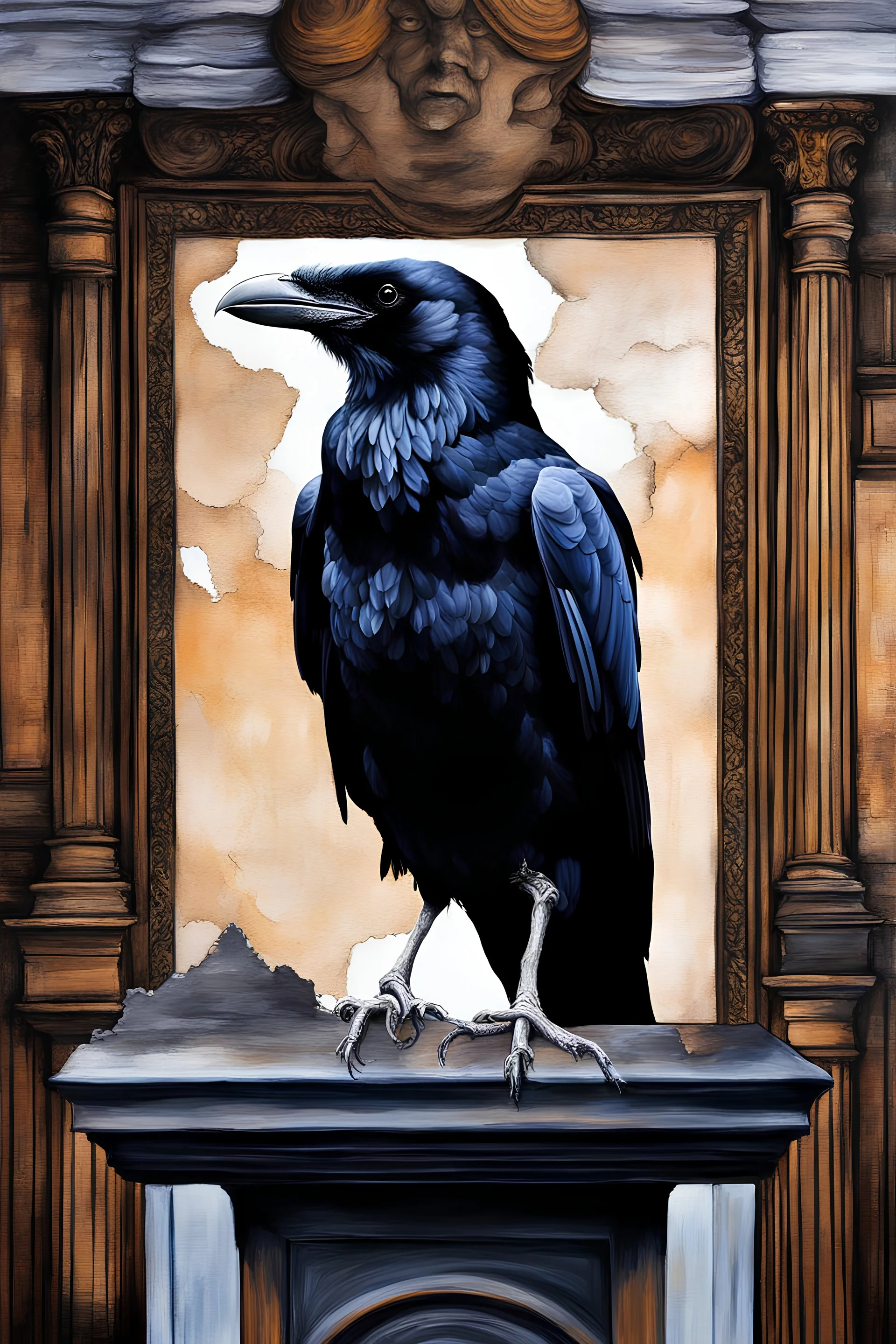 24x36 inch movie poster - "The Raven - double exposure - Oil paint, water paint, acrylic paint, statuesque, clay molding, wood burning, pencil and ink - in the art style of every artist that has ever lived - The Raven sat perched upon a bust of Pallas just above my chamber door