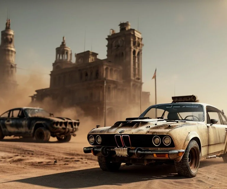 Realistic image. Mad max car. BMW 4 series, 2023 version. woman mad max style close up. 4k resolution, intricate details, ornate details, soft lighting, vibrant colors, retroanime, futuristic cityscape background