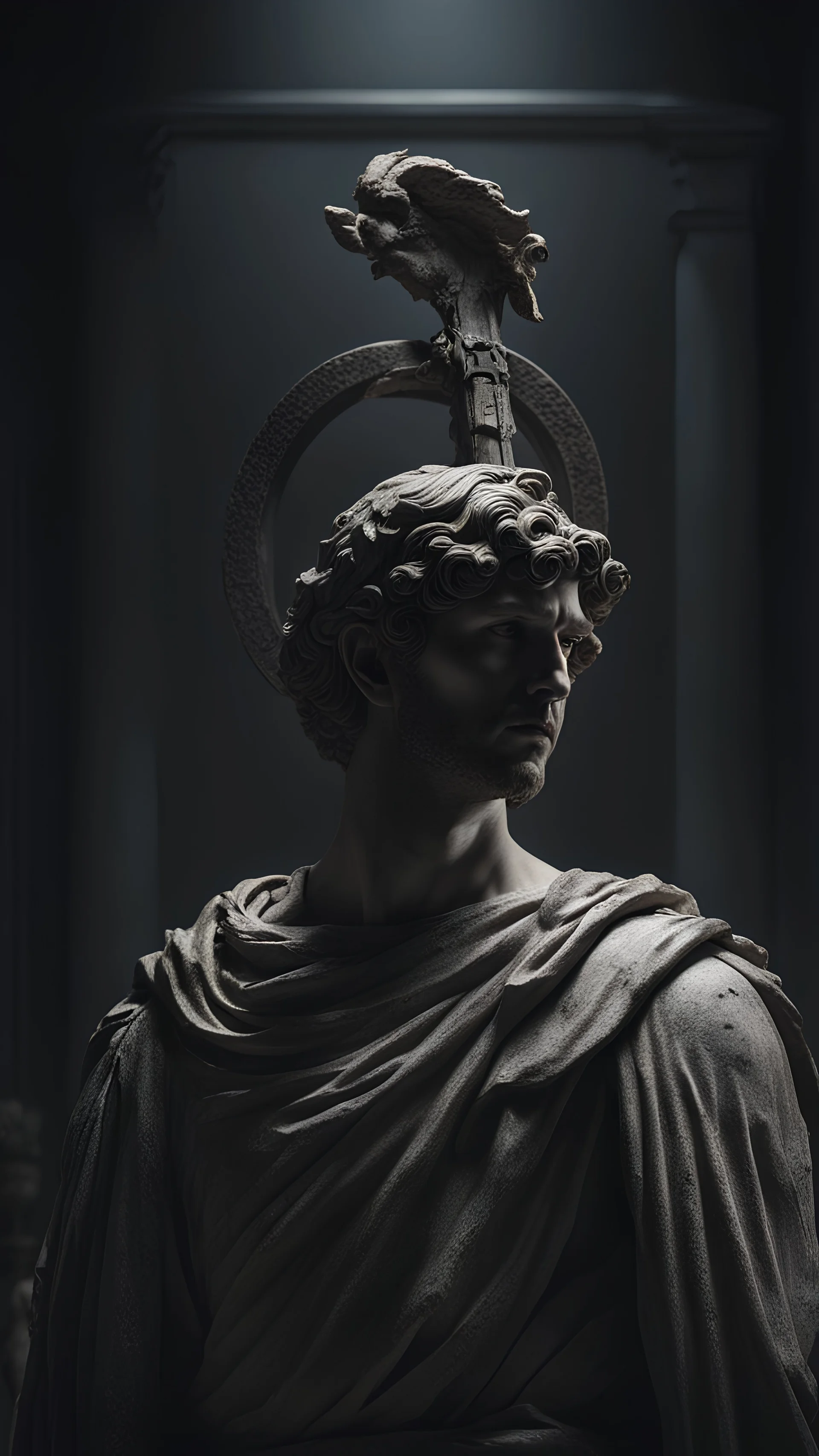 Dark aesthetic, Roman statue has a dim round designer halo behind his head, he carries a gun in his hand, dark room