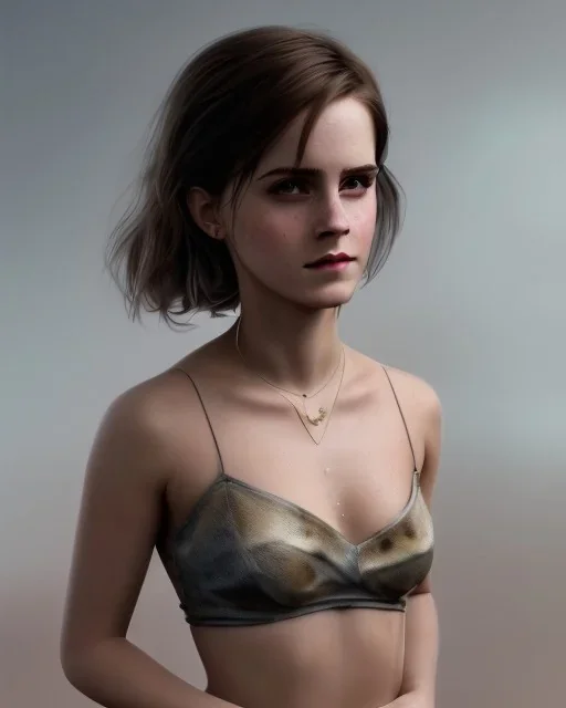 full body, emma watson identify face, animal skin clothing , big busty , face, pintura, ,details,texture,8k quality, florest, Minimalism, Romanticism, Expressionism, Impressionism