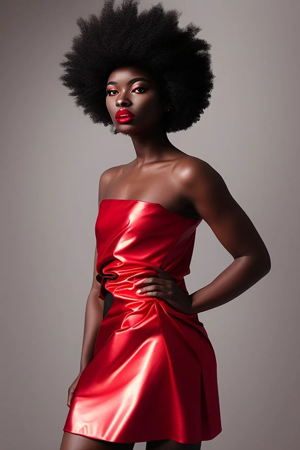 Portrait of a black woman wearing stylish red and silver dress.