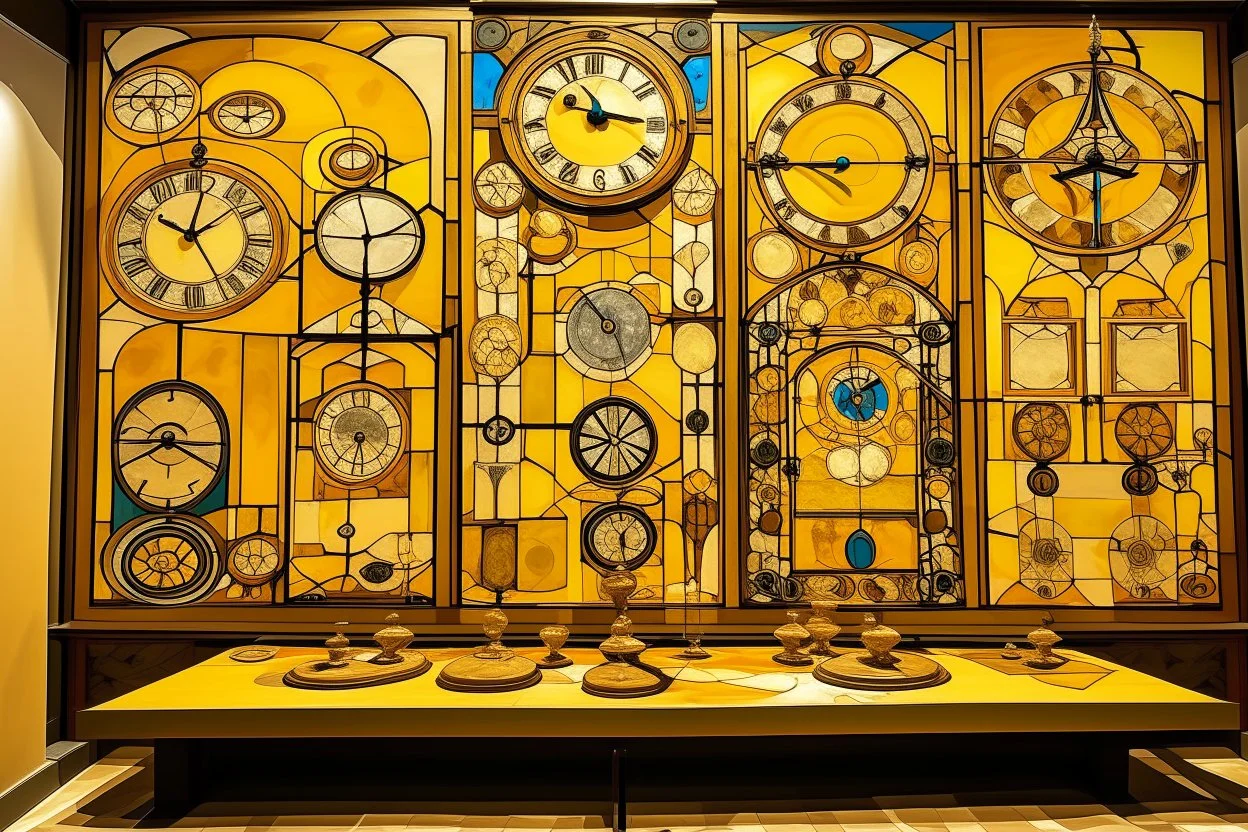 A golden yellow desert with clocks and hourglasses designed in Medieval tapestry painted by Piet Mondrian