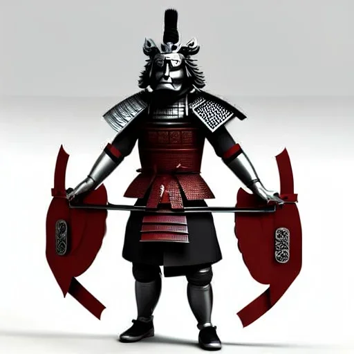 Samurai, 3d, très détaillé, visage de lion, anthropomorphique, armure argent et rouge