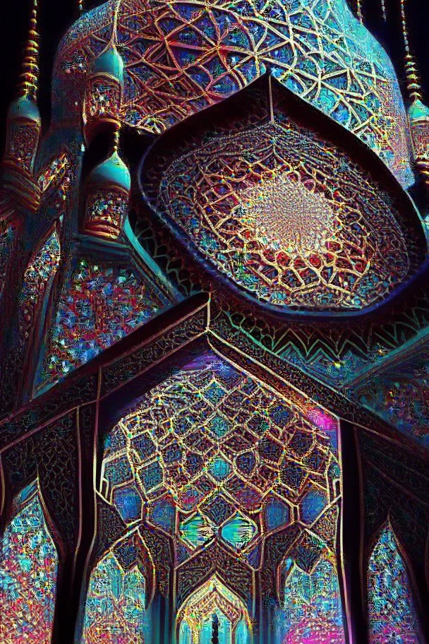 Mosque, beautiful, colorful, complex, detailed, elaborate, eldritch, expansive, ethereal, entangled, elemental, geometric, glowing, gossamer, iridescent, intricate, meticulous, mysterious, noctilucent, serene, radiant, polished