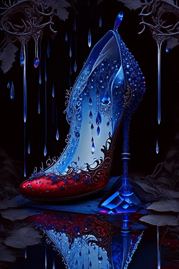 dark fantasy, intricate cover, a whimsical fairytale, translucent shoe made of blue glass with drops of crimson blood underneath