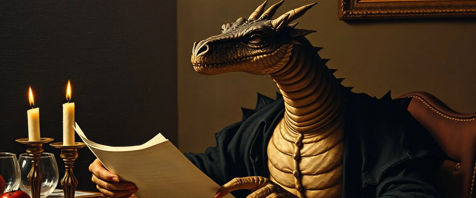 close up portrait painted by Rembrandt, stupid looking dragon holding speech at dinner table