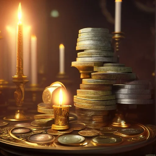 dynamic lighting, Intricately detailed, Splash screen art, deep color, Unreal Engine, volumetric lighting, silver coins, gold coins, silver treasure, stacked coins, indoors, candle, altar,