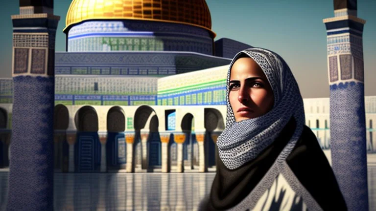 A woman wearing a keffiyeh holds the Dome of the Rock