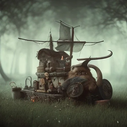 old viking sitting near campfire, scary, steam punk, realistic, made in octane, cinematic, ultra-realistic, extremely detailed octane rendering, 8K, VRAY Super Real ar 2:3, dof photorealistic futuristic 50mm lens hard lighting dark gray tintype photograph, realistic lighting, sepia color