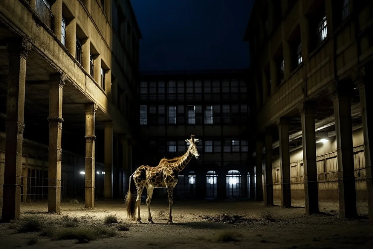 giraffe in the middle of a large central courtyard between decaying buildings, midnight, giraffe illuminated by dim light, reality, real photography, 16K, like in the movie 'The Great Beauty' by Sorrentino