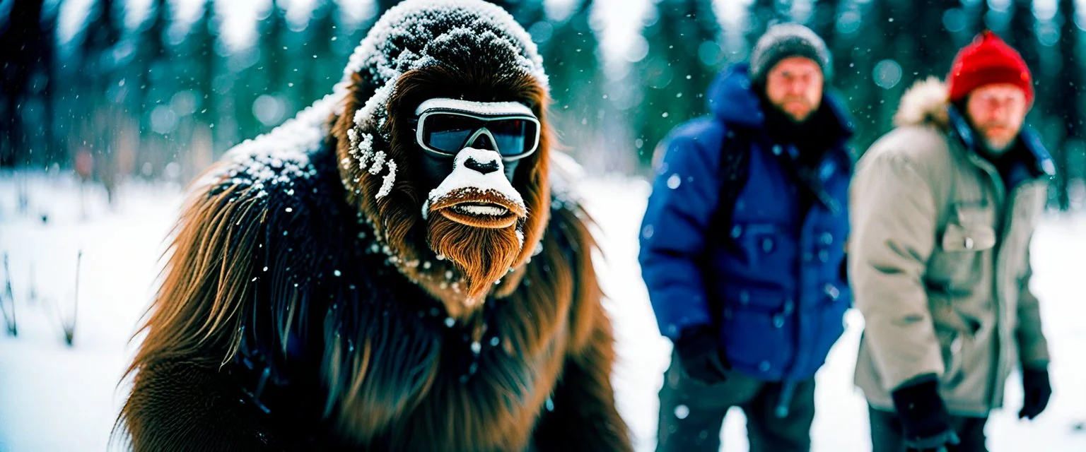 close up documentary photography, November 2000, Yeti, Bigfoot, Dystopian, Japanese, Extreme depth of field, bokeh blur, winter, blizzard, Alberta, all-natural, in the style of candid, imperfection, natural lighting, Professional shot, shot on Agfa, Fuji Film, Anamorphic lens --ar 4:5 --w 150 --style raw