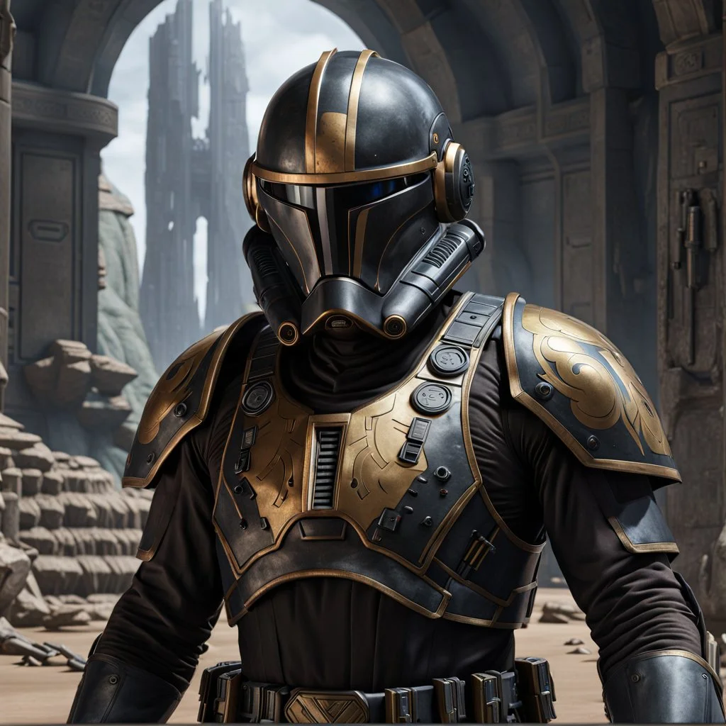 star wars bald male corellian pilot wearing pearlescent black and gunmetal grey First Order special forces heavy assault stealth commando armor and helmet with gold trim inside the jedi temple, hyperdetailed, dynamic lighting, hyperdetailed background, 8k resolution, volumetric lighting, light skin, fully symmetric details