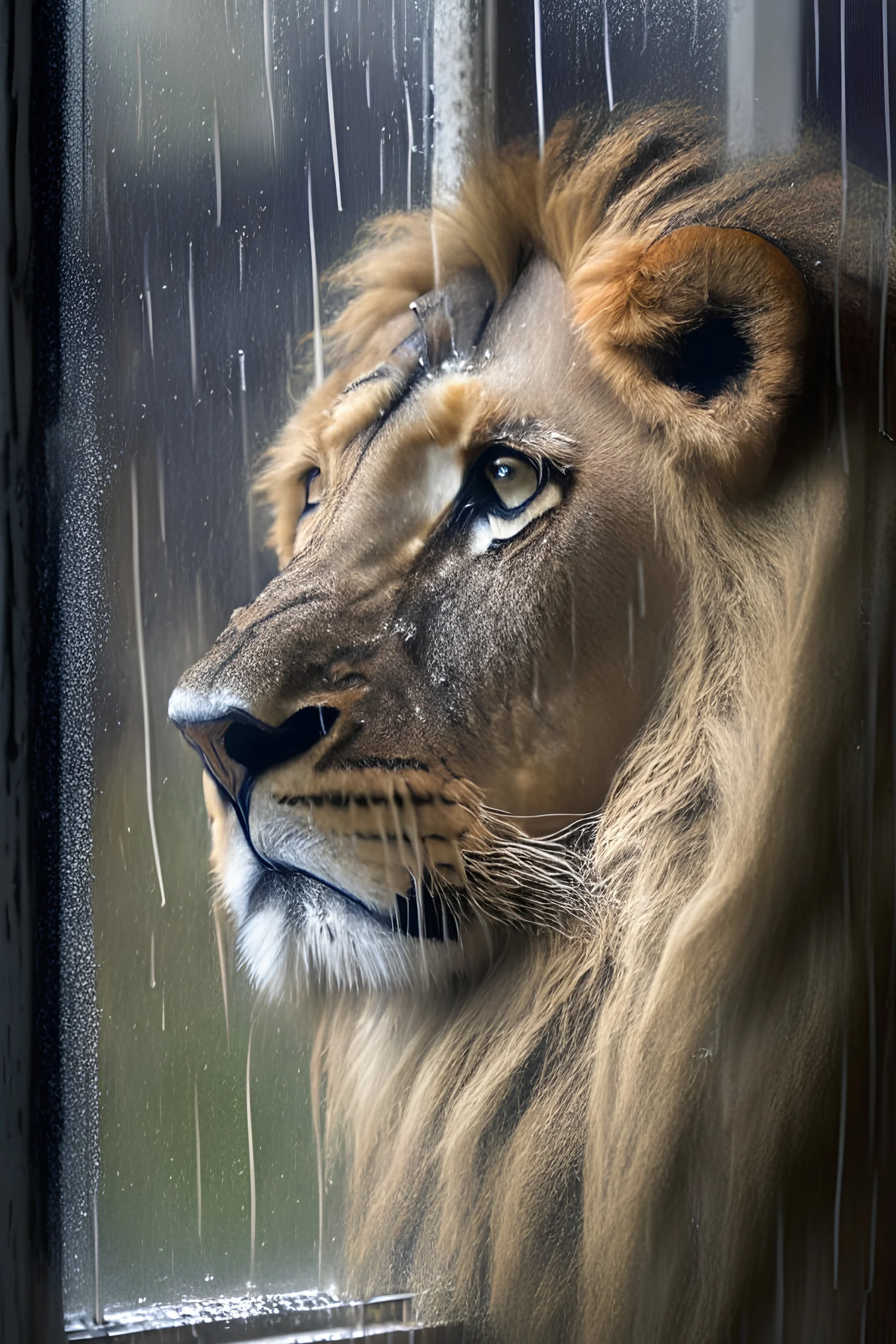 portrait of a lion looking out of a rainy window