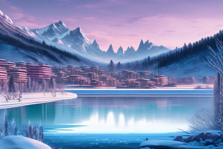 City near the mountains, and frozen lake