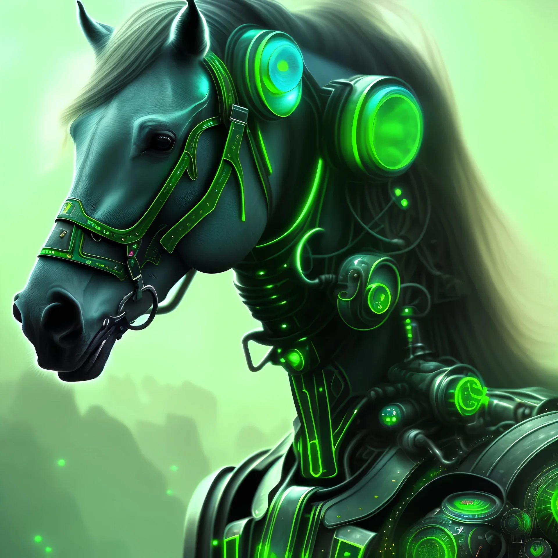 A beautiful portrait of a cyborg horse green color scheme, high key lighting, volumetric light high details psychedelic background