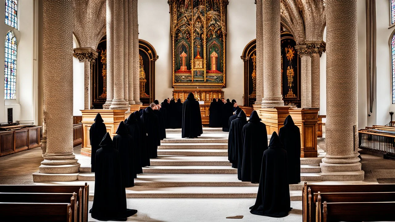 black robe hooded monks in the chapel