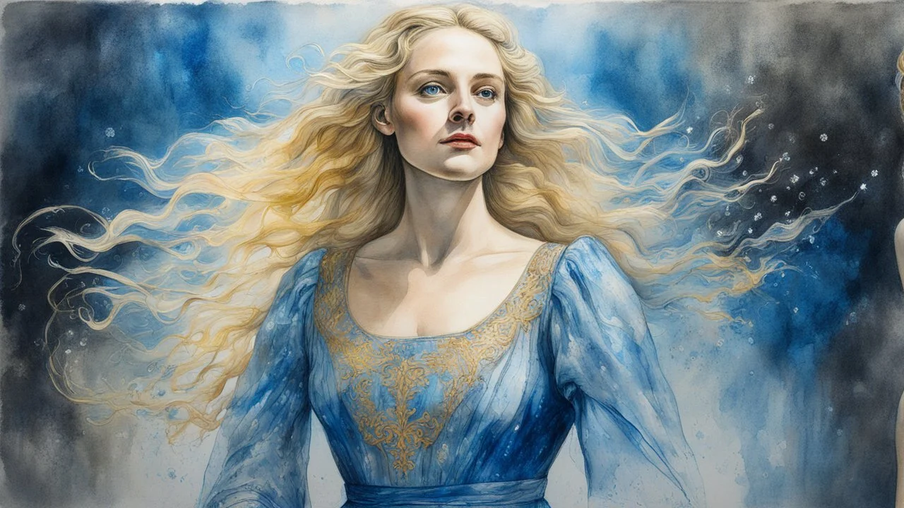 Middle Ages, fine charcoal drawing, watercolor, gouache, acrylic, portrait of a beautiful blonde 30 years old, airy dress, double exposure, fantasy, water, blue, loose hair, highlights, sparkles, gold, clear lines, bright colors, high resolution, 3D, photorealism, precise focus